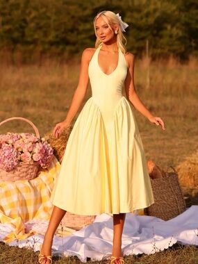 Sunlit Halter Midi Dress in Pale Yellow